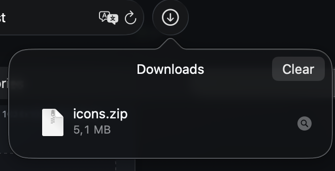 Arquivo zip baixado com todos os ícones organizados